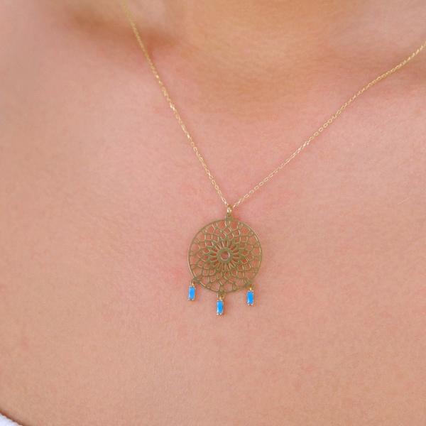 14 Ayar Altın Mavi Taş Sallantılı Tasarım Kolye 113