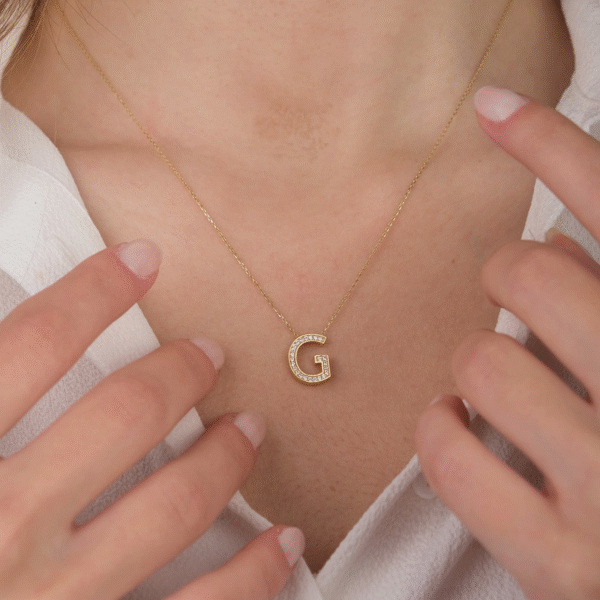 14 Ayar Altın Taşlı G Harf Kolye 354