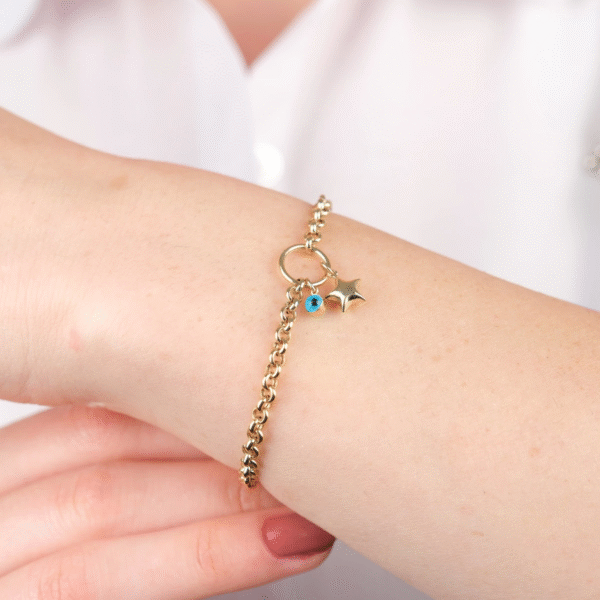 14 Ayar Altın Yıldızlı Nazar Boncuklu Zincir Bileklik 666