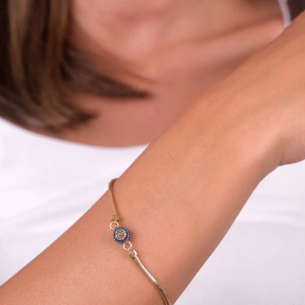 14 Ayar Altın Mavi Boncuklu Balık Sırtı Zincir Bileklik 69