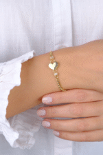 14 Ayar Altın Taşlı Kalpli İnce Gurmet Zincir Bileklik 808