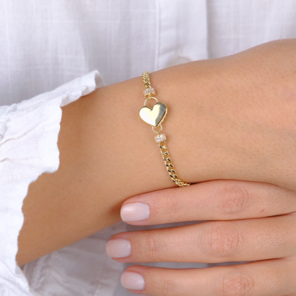 14 Ayar Altın Taşlı Kalpli İnce Gurmet Zincir Bileklik 808