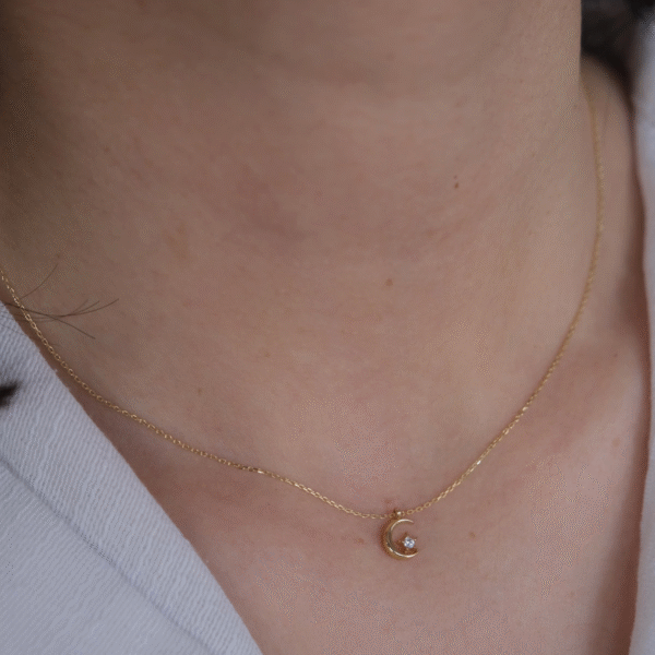 14 Ayar Altın Minimal Taşlı Ay Kolye 460