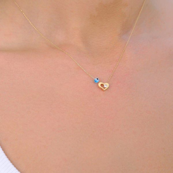 14 Ayar Altın Nazar Boncuklu Taşlı Minimal Kalp Kolye 103