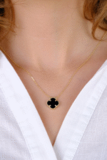 14 Ayar Altın Siyah Siyah Yoncalı Kolye - Görsel 3