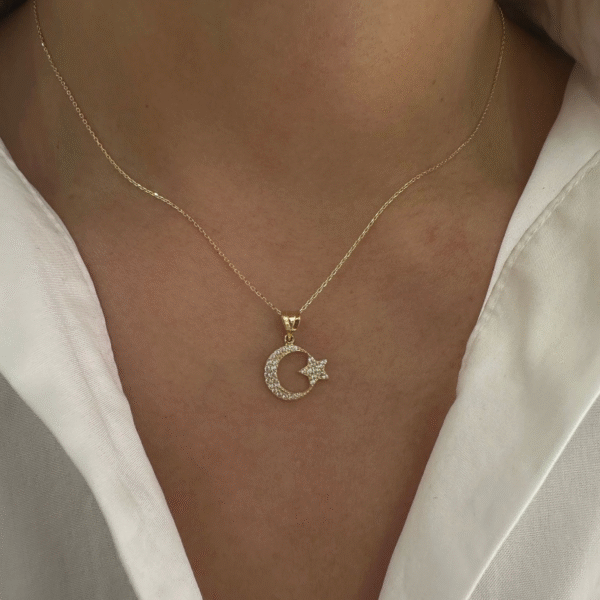 14 Ayar Altın Taşlı Ay Yıldız Kolye Ucu 509