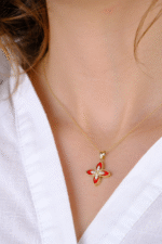 14 Ayar Altın Kırmızı Desenli Çiçekli Kolye Ucu 371 - Görsel 4