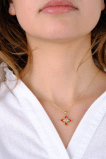 14 Ayar Altın Kırmızı Desenli Çiçekli Kolye Ucu 371 - Görsel 5