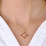 14 Ayar Altın Kırmızı Desenli Çiçekli Kolye Ucu 371