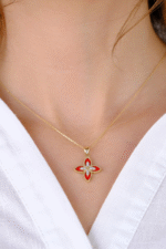 14 Ayar Altın Kırmızı Desenli Çiçekli Kolye Ucu 371