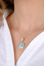 14 Ayar Altın Turkuaz Renkli Kare Taşlı Kolye Ucu 283 - Görsel 3