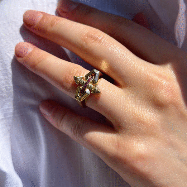 14 Ayar Altın Pembe Taşlı Tasarım Vintage Yüzük 912